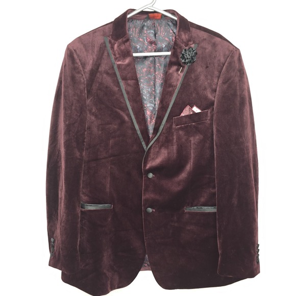 Linea Uomo Sport Coat Jacket Men's Size 44R Burgundy Velvet Peaked Lapel Wedding